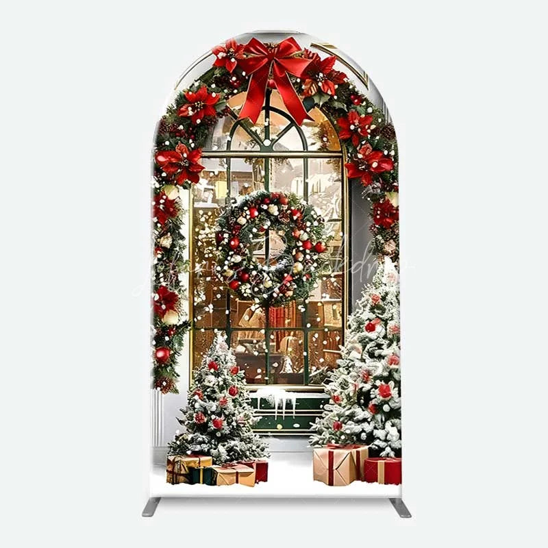 Lofaris 3-Piece Arch Backdrop Set Christmas Storefront Window Green Shop Red Bow Wreath Chiara Wall Cover Holiday Decor