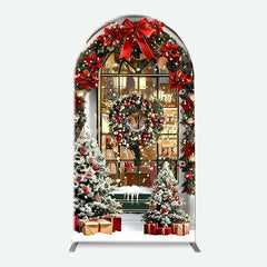 Lofaris 3-Piece Arch Backdrop Set Christmas Storefront Window Green Shop Red Bow Wreath Chiara Wall Cover Holiday Decor