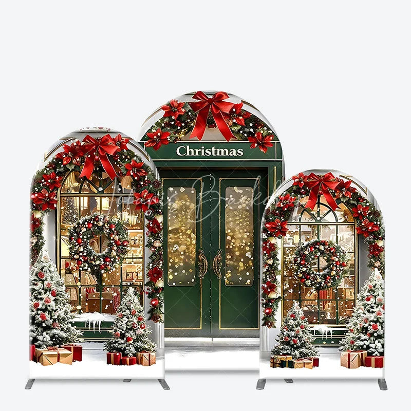 Lofaris 3-Piece Arch Backdrop Set Christmas Storefront Window Green Shop Red Bow Wreath Chiara Wall Cover Holiday Decor