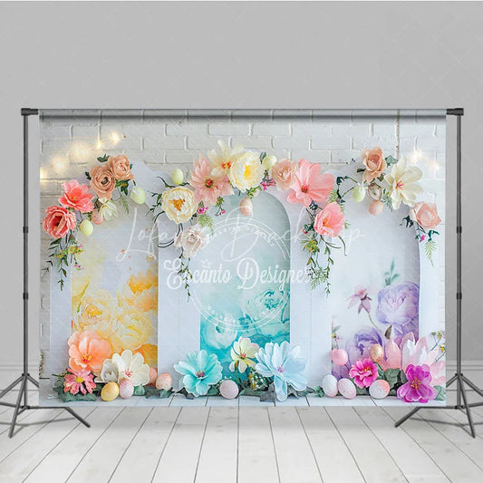 Lofaris 3D Floral Easter Arch Backdrop Colorful Spring Bloom and Pastel Eggs Party Decoration
