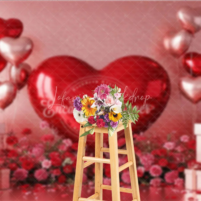 Lofaris 3D Giant Red Heart Backdrop Metallic Gift Boxes Flowers Background Valentine Day Photography Studio Prop