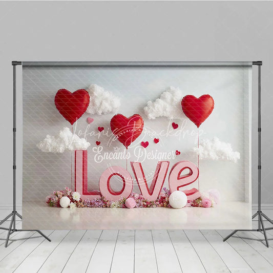 Lofaris 3D Pink LOVE and Red Heart Balloons Backdrop Sweet Valentines Day White Clouds Flower Party Decor