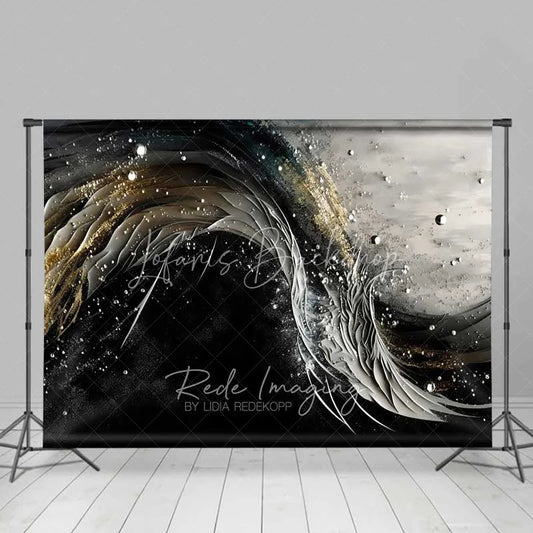 Lofaris 3D Textured Black and White Ribbon Abstract Backdrop Gold Dust Pearl Photography Background Artistic Party Decor