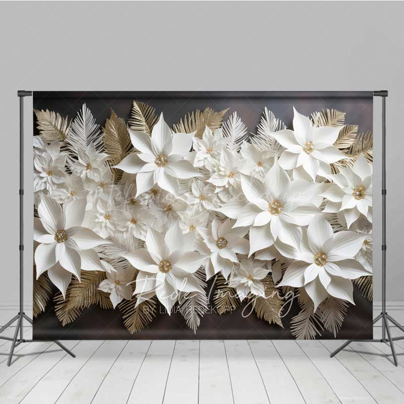 Lofaris 3D White and Gold Paper Poinsettia Wall Elegant Christmas Photography Backdrop Holiday Floral Studio Prop