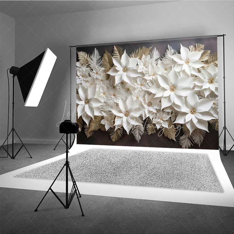 Lofaris 3D White and Gold Paper Poinsettia Wall Elegant Christmas Photography Backdrop Holiday Floral Studio Prop