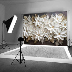 Lofaris 3D White and Gold Paper Poinsettia Wall Elegant Christmas Photography Backdrop Holiday Floral Studio Prop