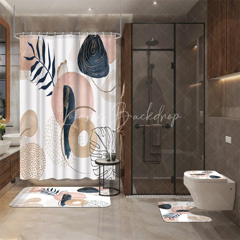 Lofaris 4-Piece Abstract Boho Shower Curtain Set Pink Blue Geometric Shapes Modern Minimalist Art