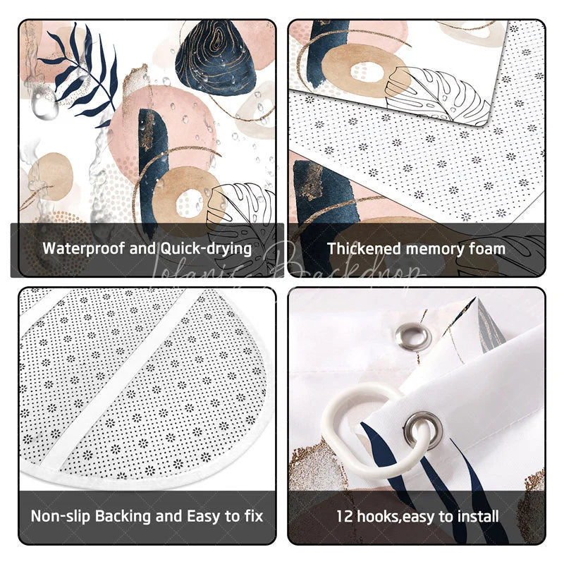 Lofaris 4-Piece Abstract Boho Shower Curtain Set Pink Blue Geometric Shapes Modern Minimalist Art