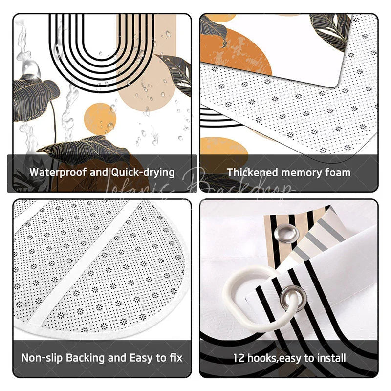 Lofaris 4-Piece Abstract Boho Sun Shower Curtain Set Minimalist Tropical Leaves Terracotta Geometric Decor