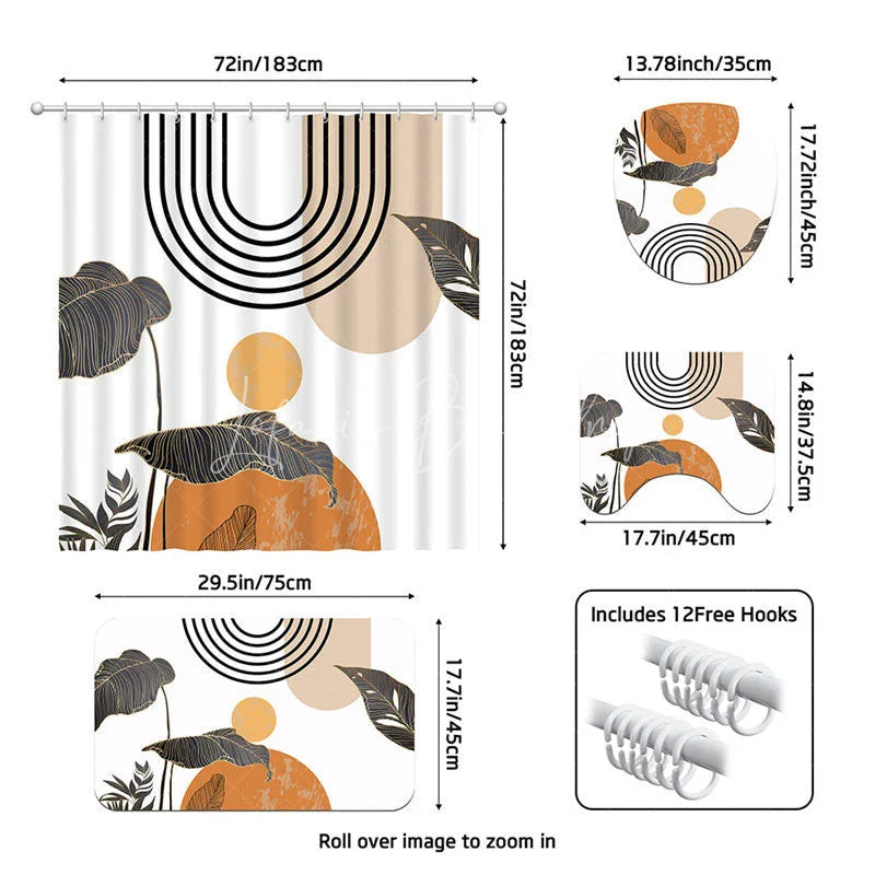 Lofaris 4-Piece Abstract Boho Sun Shower Curtain Set Minimalist Tropical Leaves Terracotta Geometric Decor