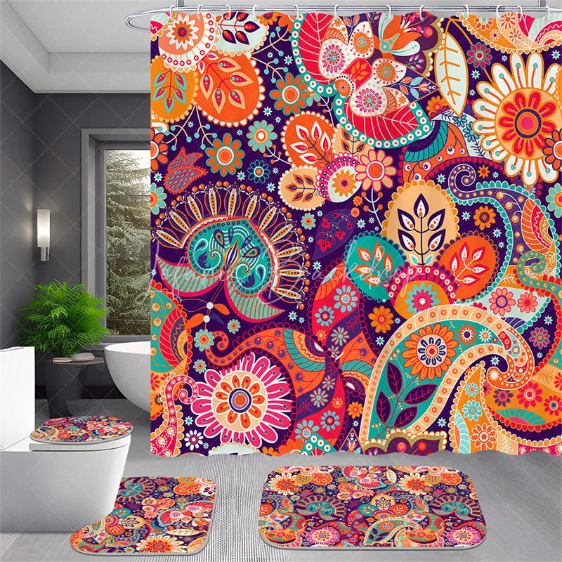 Lofaris 4-Piece Boho Paisley Bathroom Set Colorful Mandala Floral Pattern Vibrant Orange Purple Tribal