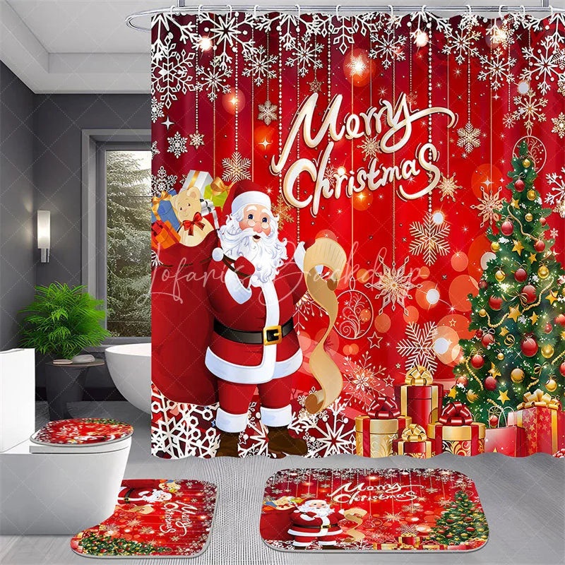 Lofaris 4-Piece Christmas Santa Claus Shower Curtain Set Red Xmas Tree Gift Winter Holiday Festival