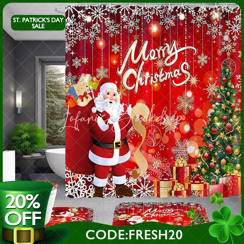 Lofaris 4-Piece Christmas Santa Claus Shower Curtain Set Red Xmas Tree Gift Winter Holiday Festival