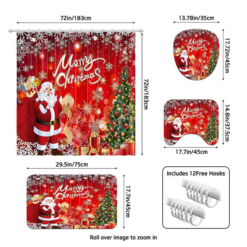 Lofaris 4-Piece Christmas Santa Claus Shower Curtain Set Red Xmas Tree Gift Winter Holiday Festival