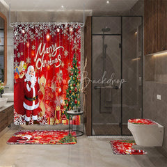 Lofaris 4-Piece Christmas Santa Claus Shower Curtain Set Red Xmas Tree Gift Winter Holiday Festival