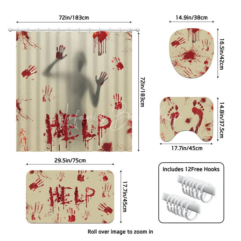 Lofaris 4-Piece Halloween Horror Bathroom Set Red Handprint Silhouette Spooky Help Sign Holiday Decor