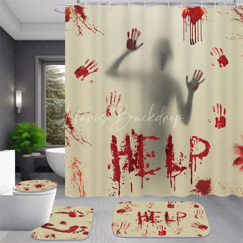 Lofaris 4-Piece Halloween Horror Bathroom Set Red Handprint Silhouette Spooky Help Sign Holiday Decor