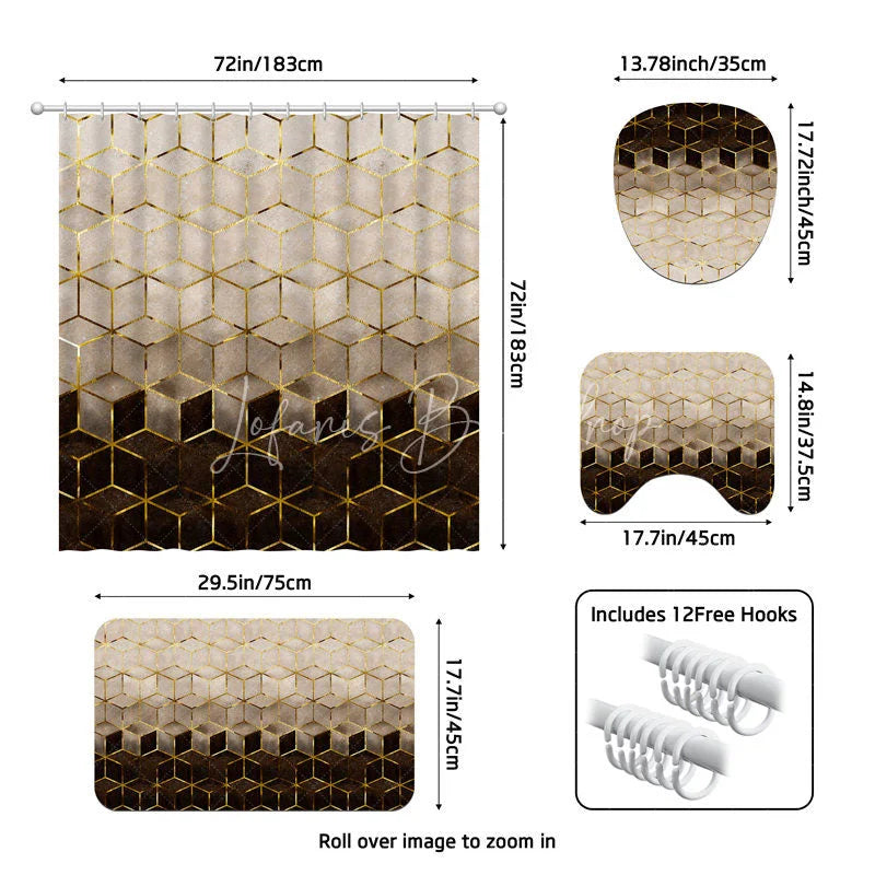 Lofaris 4-Piece Modern Geometric Shower Curtain Set Golden Lines Hexagon Pattern Abstract Cream Brown