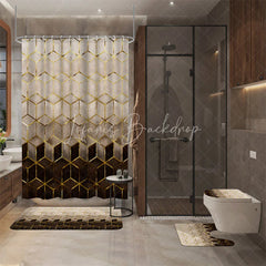Lofaris 4-Piece Modern Geometric Shower Curtain Set Golden Lines Hexagon Pattern Abstract Cream Brown