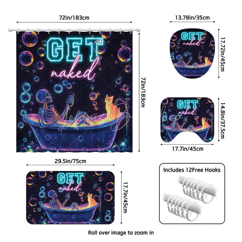 Lofaris 4-Piece Neon Skeleton Shower Curtain Set Funny Bathing Skull with Cat Colorful Bubbles Decor