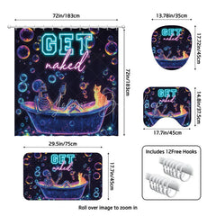 Lofaris 4-Piece Neon Skeleton Shower Curtain Set Funny Bathing Skull with Cat Colorful Bubbles Decor