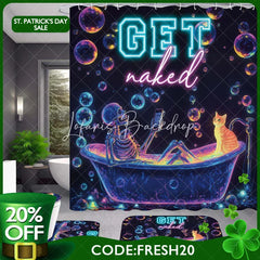 Lofaris 4-Piece Neon Skeleton Shower Curtain Set Funny Bathing Skull with Cat Colorful Bubbles Decor