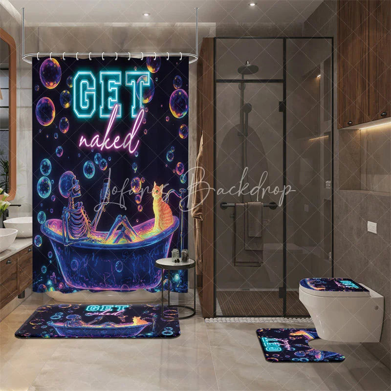 Lofaris 4-Piece Neon Skeleton Shower Curtain Set Funny Bathing Skull with Cat Colorful Bubbles Decor