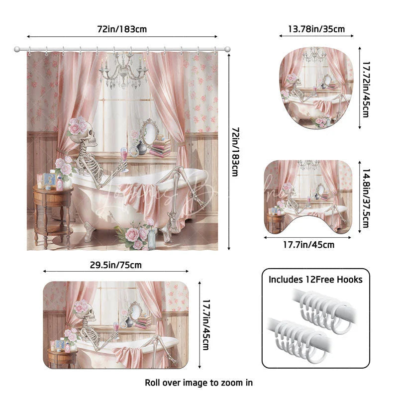 Lofaris 4-Piece Pink Skeleton Bathroom Set Floral Bathtub Skull Funny Spooky Cute Halloween Decor