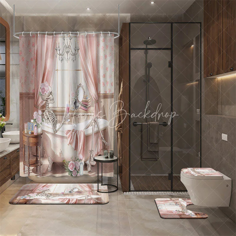 Lofaris 4-Piece Pink Skeleton Bathroom Set Floral Bathtub Skull Funny Spooky Cute Halloween Decor