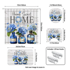 Lofaris 4-Piece Rustic Home Sweet Shower Curtain Set Blue Hydrangea Floral Jars Wooden Plank Decor