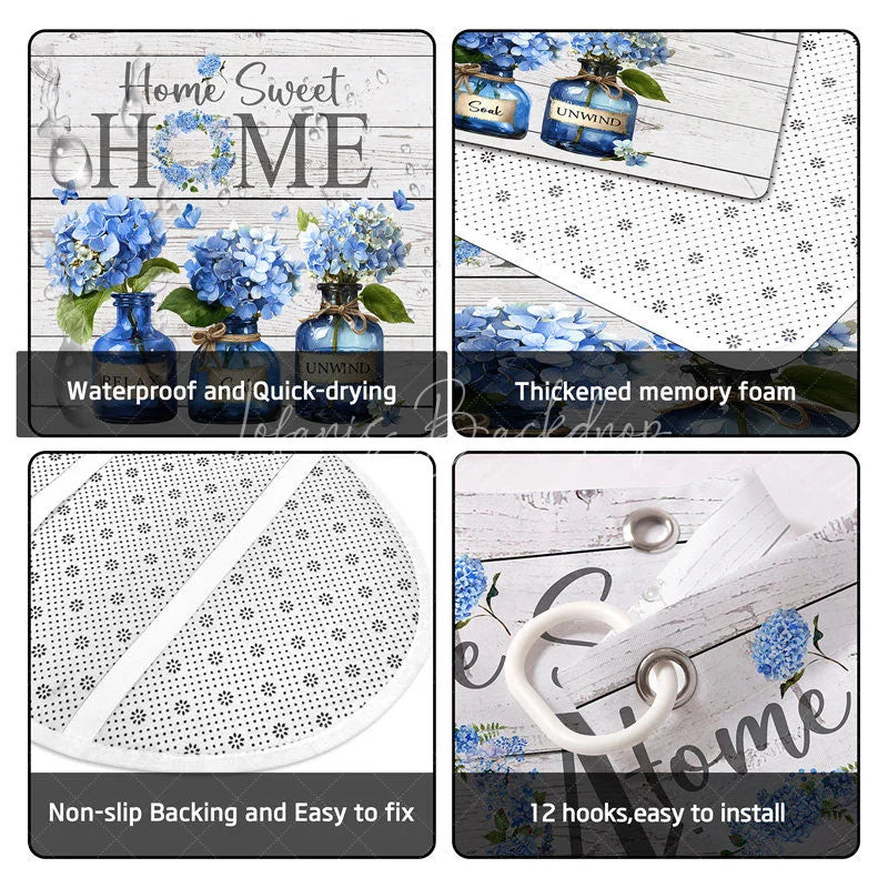 Lofaris 4-Piece Rustic Home Sweet Shower Curtain Set Blue Hydrangea Floral Jars Wooden Plank Decor