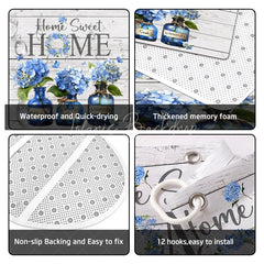 Lofaris 4-Piece Rustic Home Sweet Shower Curtain Set Blue Hydrangea Floral Jars Wooden Plank Decor