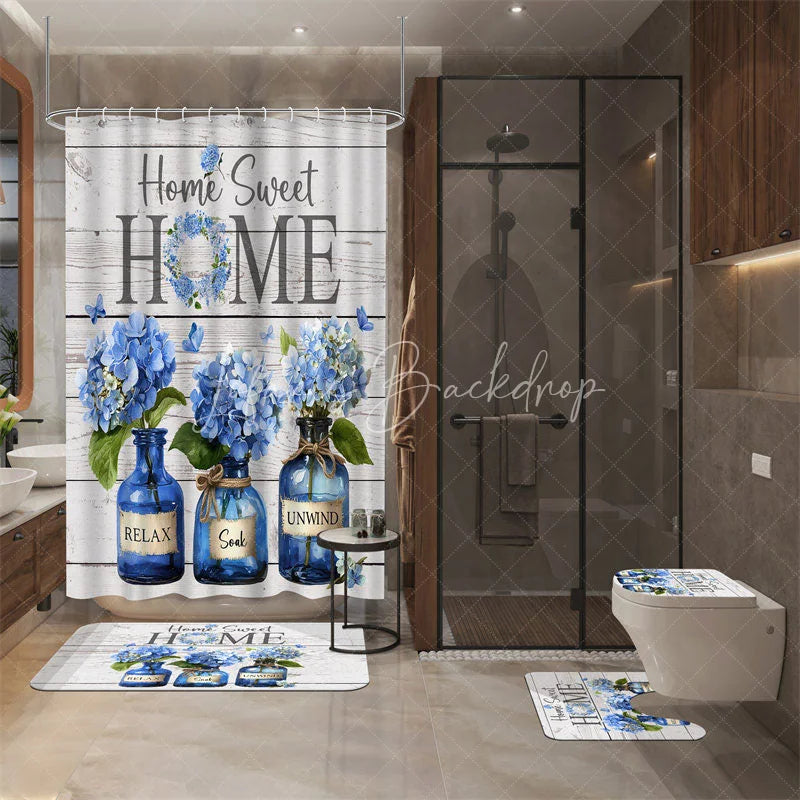 Lofaris 4-Piece Rustic Home Sweet Shower Curtain Set Blue Hydrangea Floral Jars Wooden Plank Decor