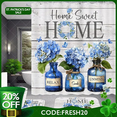 Lofaris 4-Piece Rustic Home Sweet Shower Curtain Set Blue Hydrangea Floral Jars Wooden Plank Decor