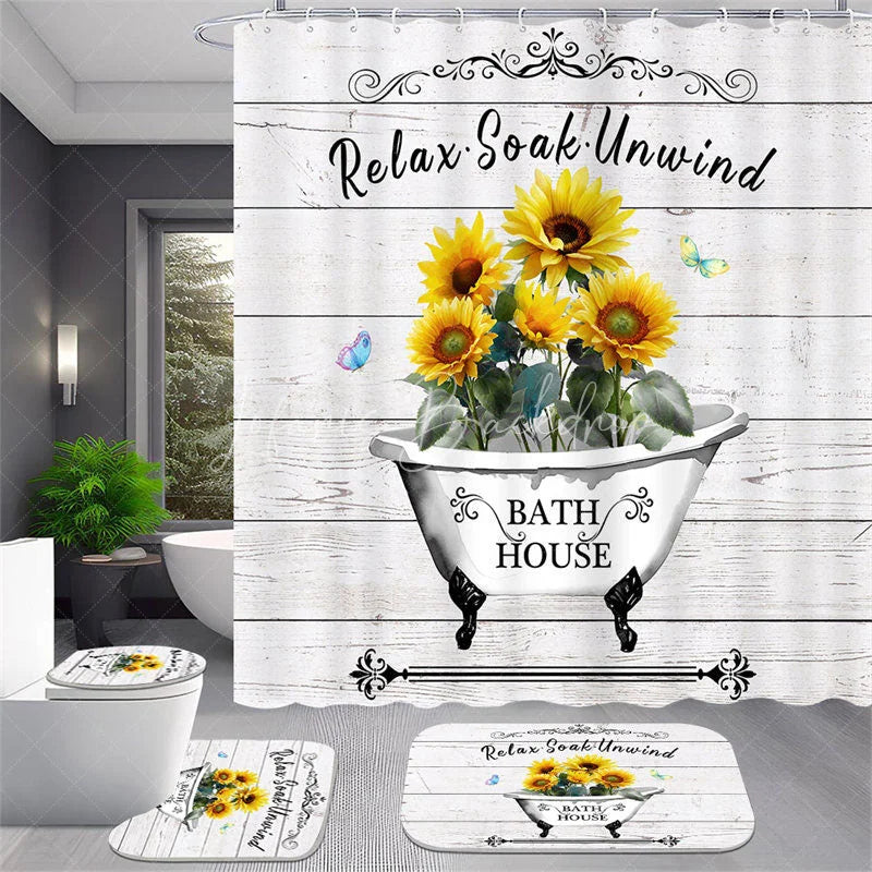 Lofaris 4-Piece Rustic Sunflower Bathroom Set Farmhouse Bathtub Wood Yellow Relax Soak Unwind Decor