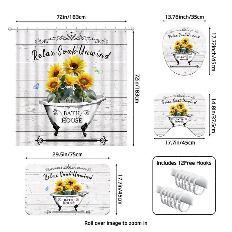 Lofaris 4-Piece Rustic Sunflower Bathroom Set Farmhouse Bathtub Wood Yellow Relax Soak Unwind Decor