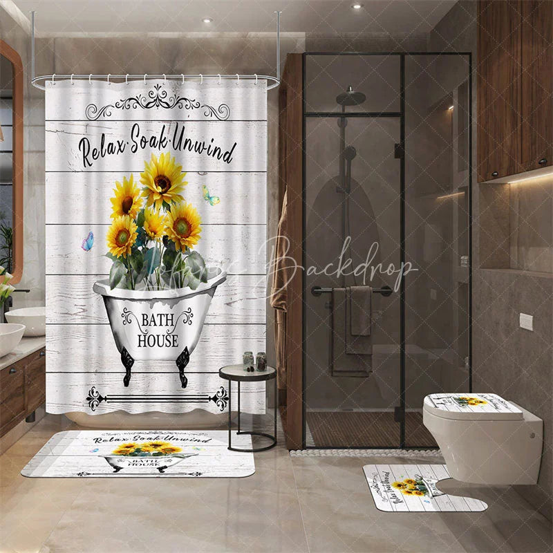 Lofaris 4-Piece Rustic Sunflower Bathroom Set Farmhouse Bathtub Wood Yellow Relax Soak Unwind Decor