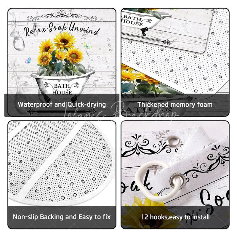 Lofaris 4-Piece Rustic Sunflower Bathroom Set Farmhouse Bathtub Wood Yellow Relax Soak Unwind Decor