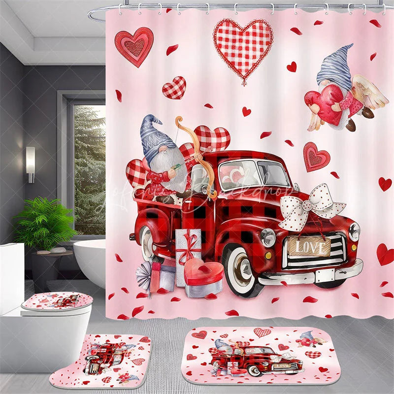 Lofaris 4-Piece Valentines Day Gnome Bathroom Set Red Truck Heart Love Romantic Pink Holiday Decor