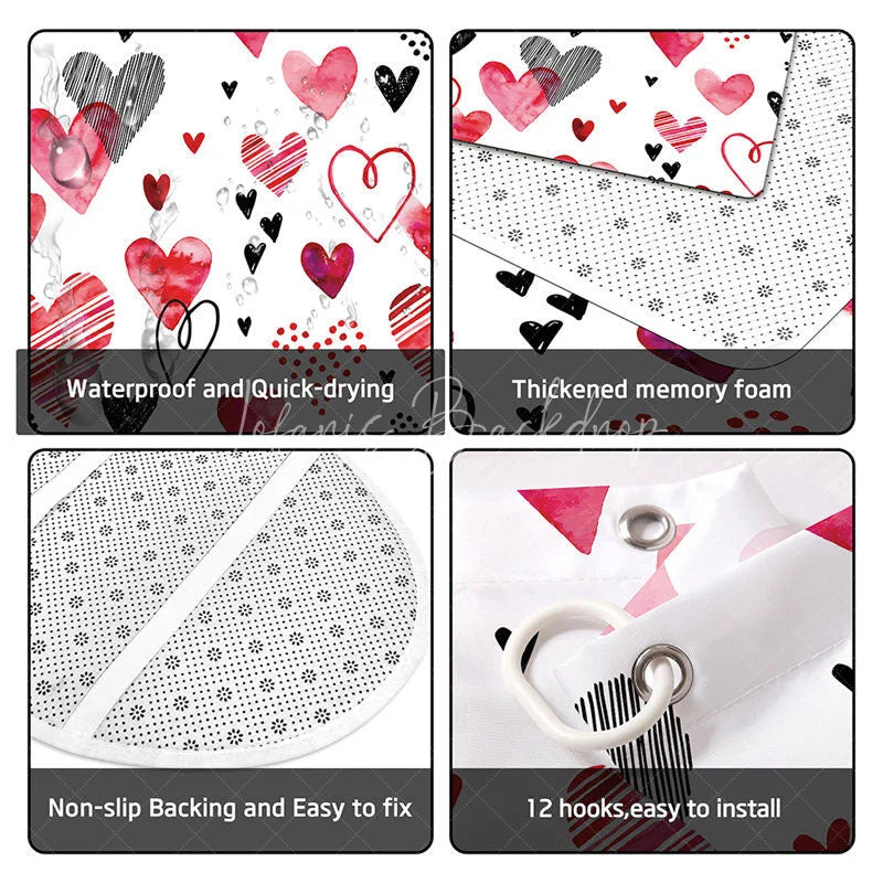 Lofaris 4-Piece Valentines Day Heart Shower Curtain Set Watercolor Red Pink Love Art Cute Romantic