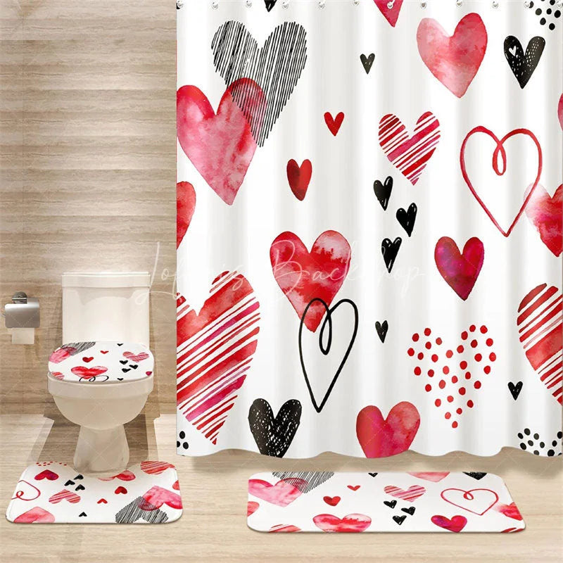 Lofaris 4-Piece Valentines Day Heart Shower Curtain Set Watercolor Red Pink Love Art Cute Romantic