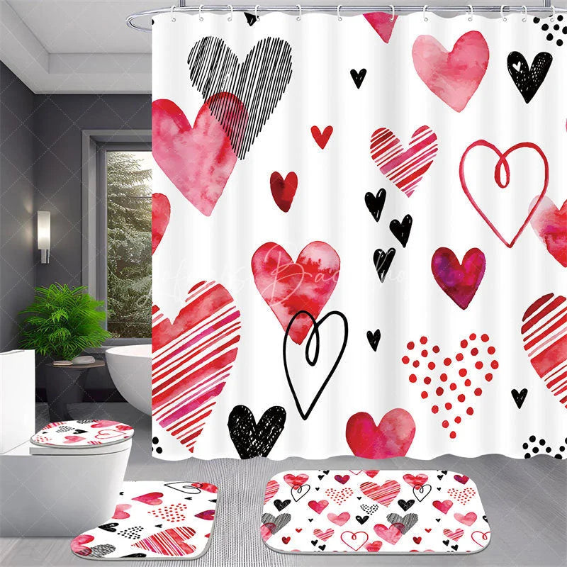 Lofaris 4-Piece Valentines Day Heart Shower Curtain Set Watercolor Red Pink Love Art Cute Romantic