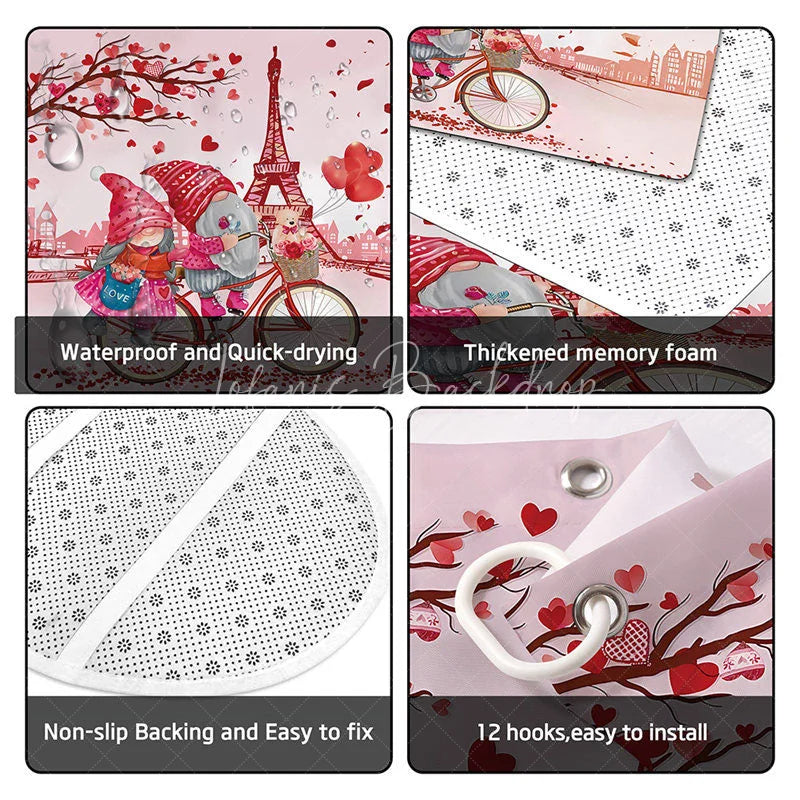 Lofaris 4-Piece Valentines Day Paris Shower Curtain Set Cycling Gnomes Eiffel Tower Romantic Pink Love