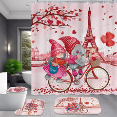 Lofaris 4-Piece Valentines Day Paris Shower Curtain Set Cycling Gnomes Eiffel Tower Romantic Pink Love