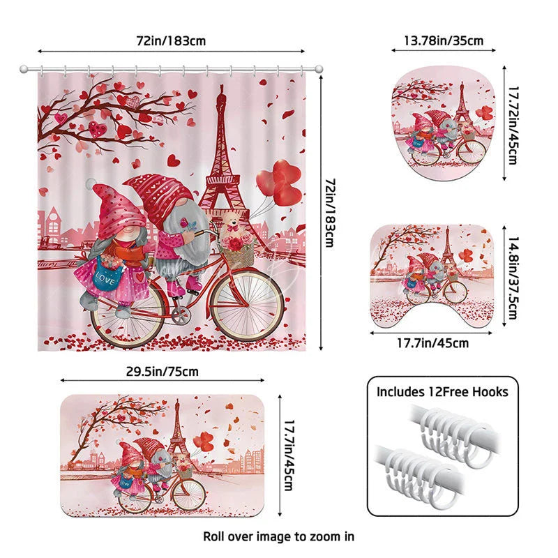 Lofaris 4-Piece Valentines Day Paris Shower Curtain Set Cycling Gnomes Eiffel Tower Romantic Pink Love