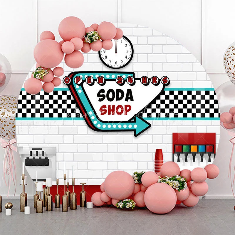 Lofaris 50s Diner Soda Shop Round Backdrop Retro Restaurant White Brick and Checkered Party Background