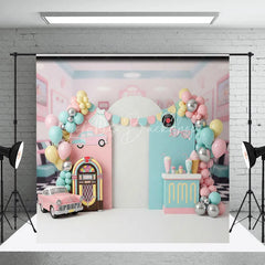 Lofaris 50s Retro Diner Jukebox Backdrop Pink Vintage Car and Milkshake for Birthday Party