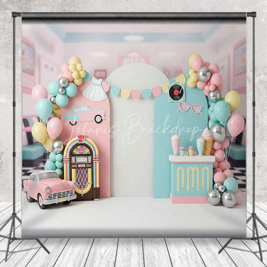 Lofaris 50s Retro Diner Jukebox Backdrop Pink Vintage Car and Milkshake for Birthday Party