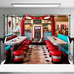 Lofaris 50s Retro Diner Photography Backdrop Red Stools Jukebox Checkerboard Floor Background Vintage Restaurant Photo Prop