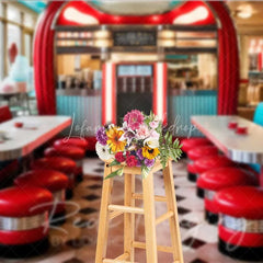 Lofaris 50s Retro Diner Photography Backdrop Red Stools Jukebox Checkerboard Floor Background Vintage Restaurant Photo Prop